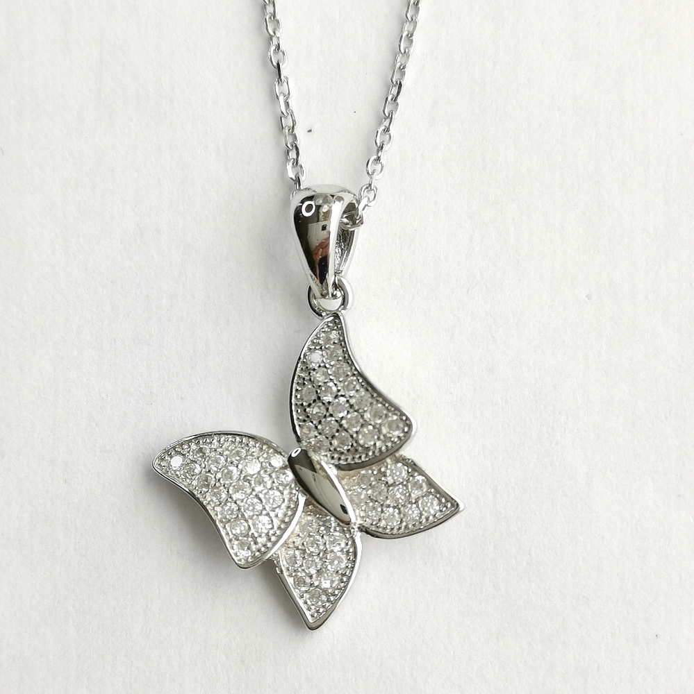 NEW modern butterfly pave cz sterling silver pendant necklace